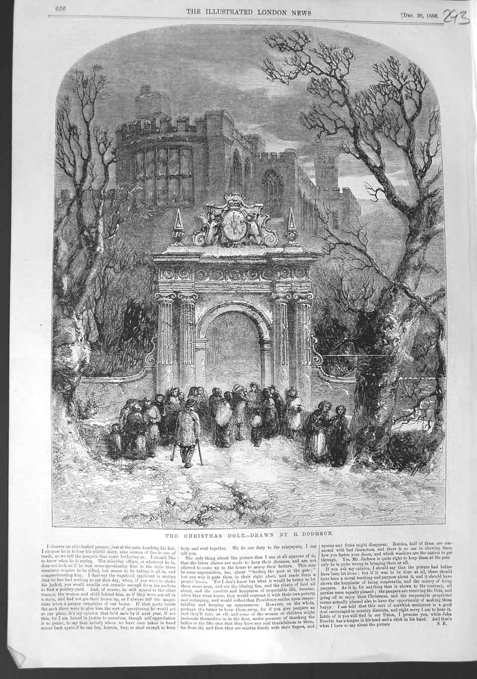 Original Old Antique Print 1856 Christmas Dole Winter Snow Scene Trees People
