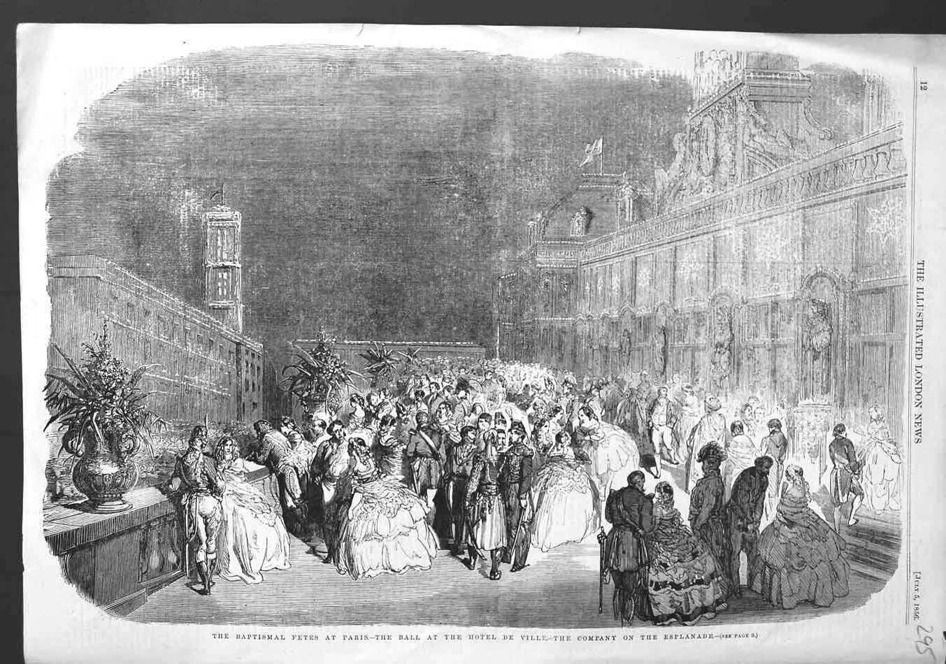 Old Antique Print 1856 Baptismal Fete Paris Ball Hotel De Ville Esplanade 19th
