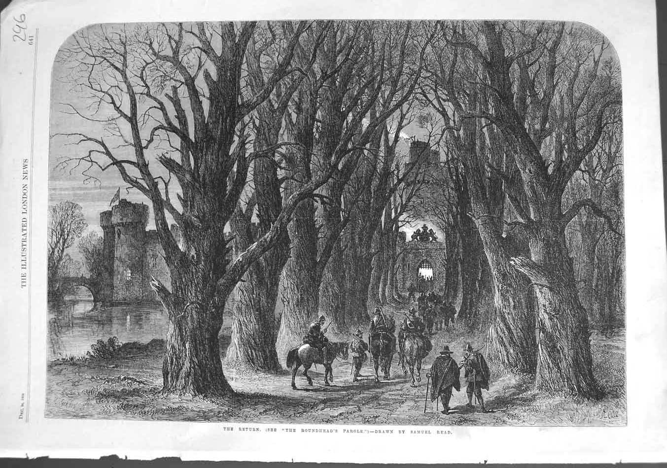 Original Old Antique Print 1864 Fine Art Roundheads Parole Castle Trees River