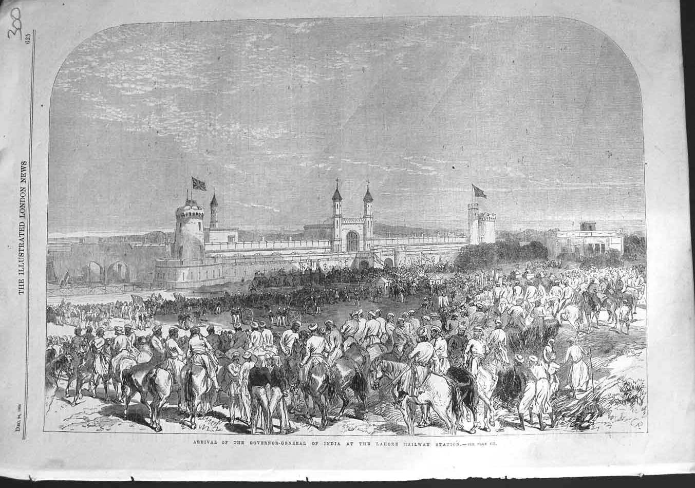 Original Old Antique Print 1864 Governor-General India Lahore Railway Station