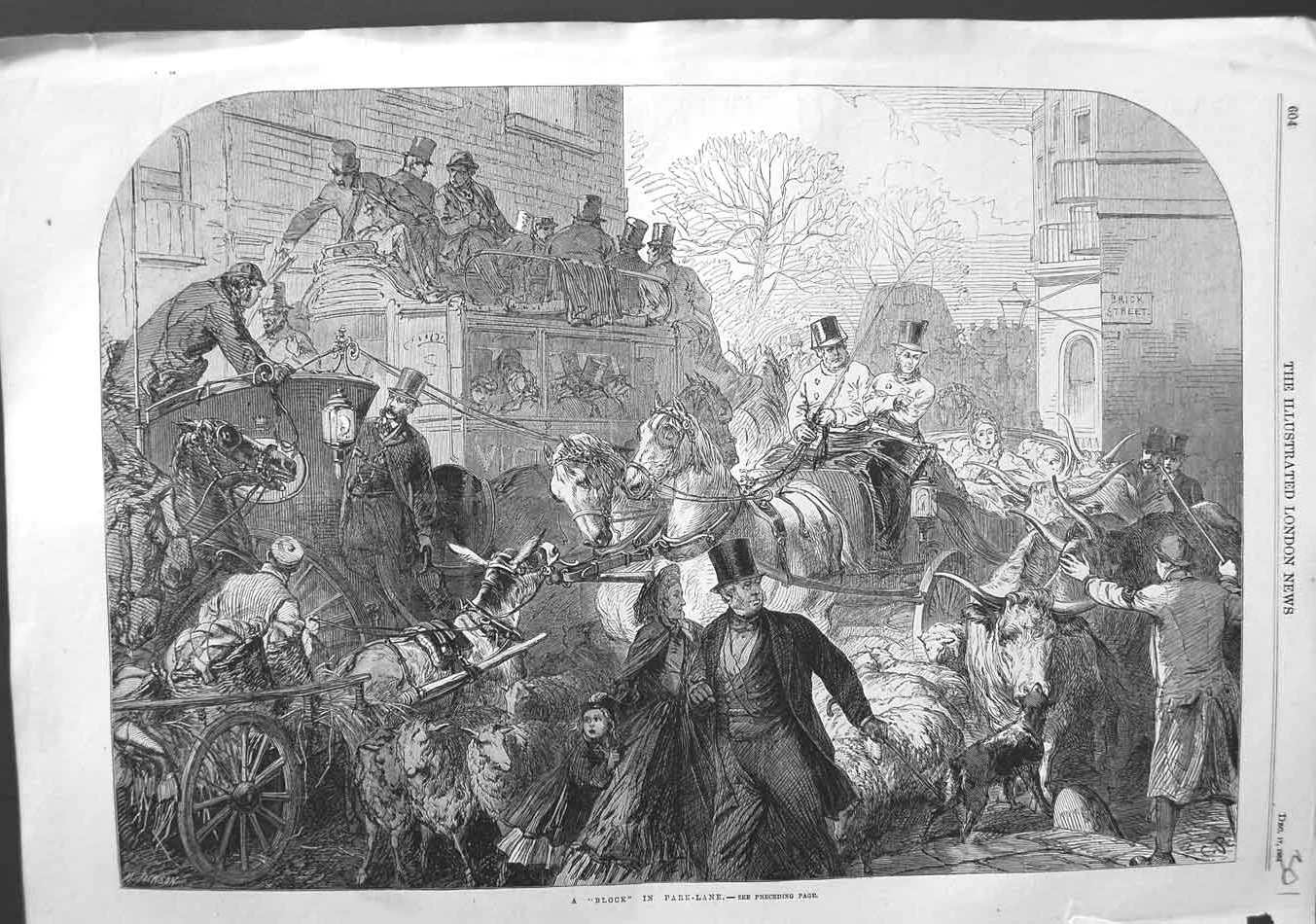 Original Old Antique Print 1864 Horses Carriage Road Block Park Lane London
