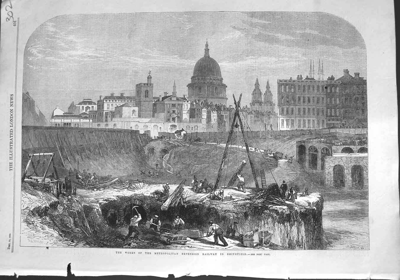 Antique Old Print *3132 1864 Works Metropolitan Extension Railway Smithfield