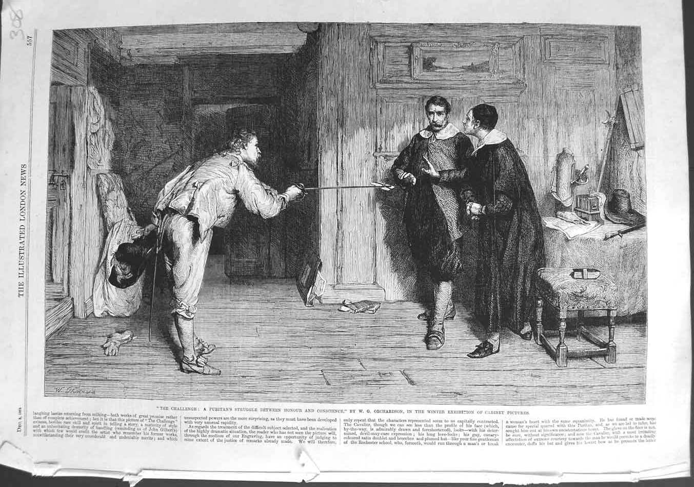 Original Old Antique Print 1864 Puritans Men Sword Challenge Orchardson Art