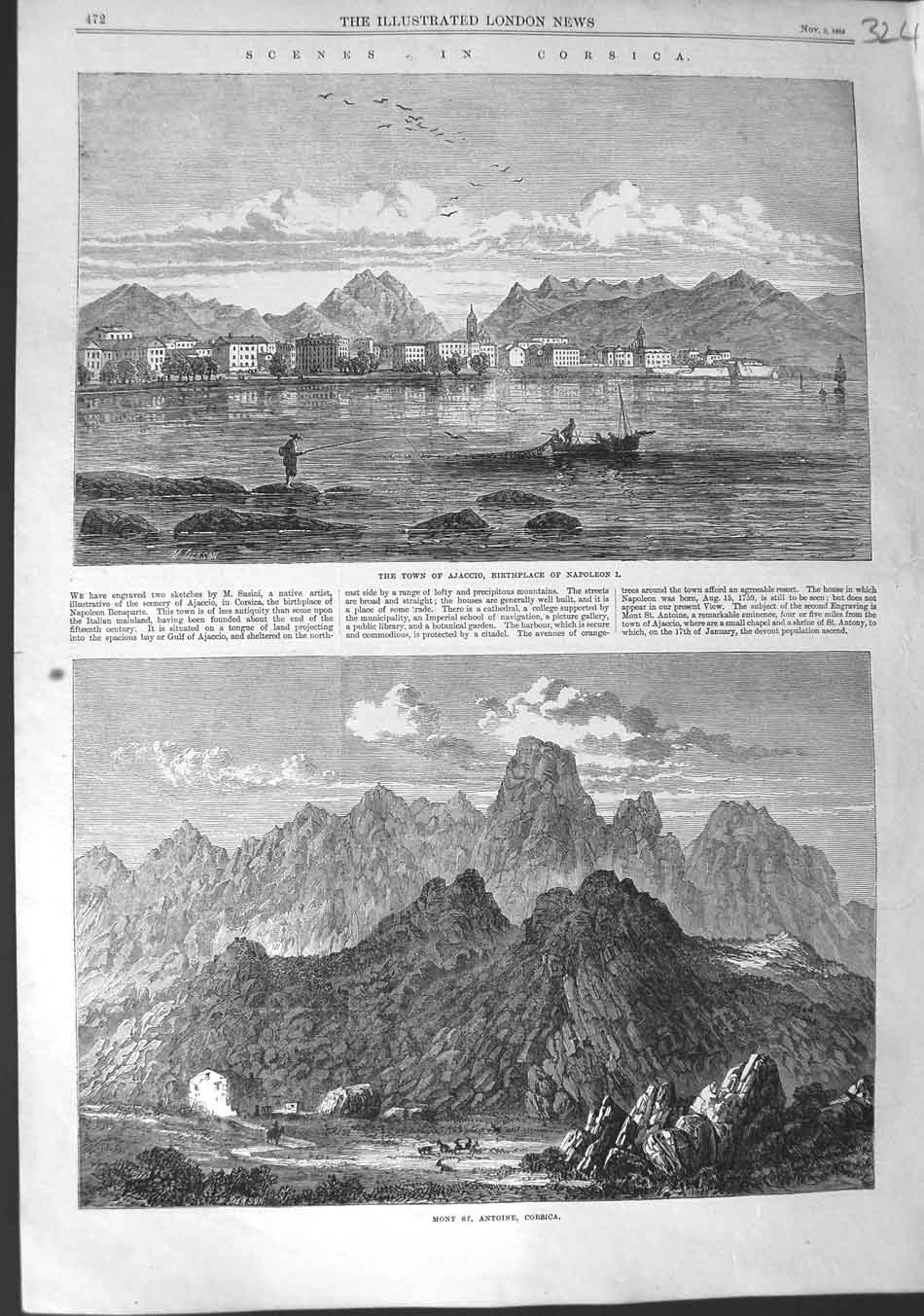 Original Old Antique Print 1864 Corsica Town Ajaccio Napoleon Mont St. Antoine