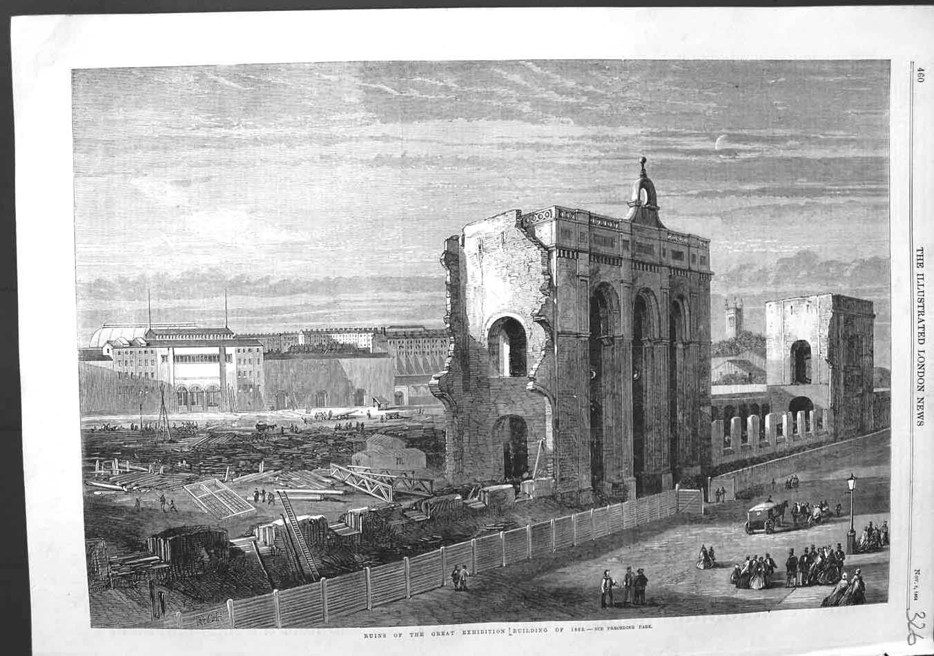 Original Old Antique Print 1864 Ruins Great Exhibition Building Fine Art 19th