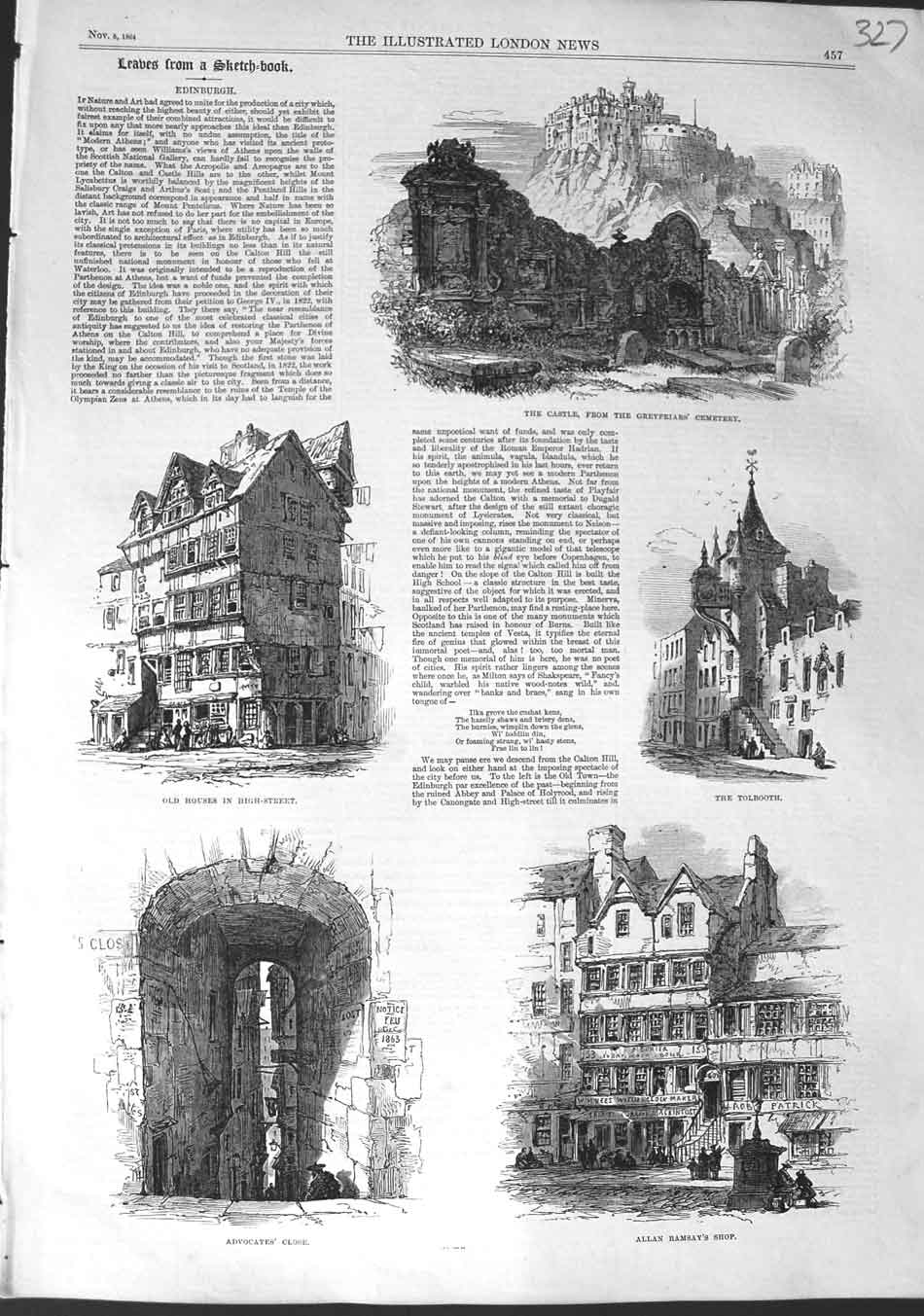 Old Antique Print 1864 Edinburgh Castle Tolbooth Allan Ramsay Advocates 19th