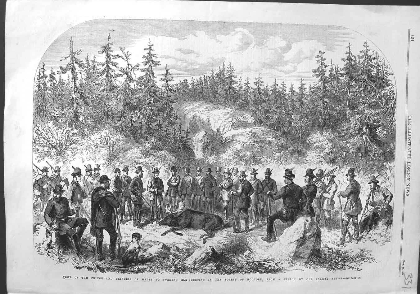 Antique Old Print *3130 1864 Prince Wales Sweden Elk Shooting Forest Hogtorp