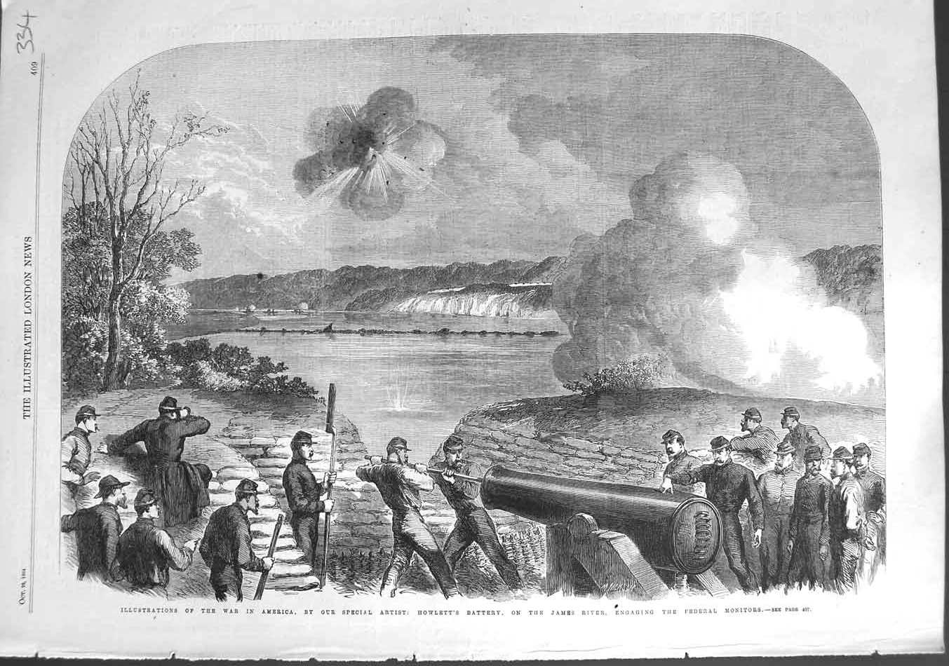 Old Antique Print 1864 War America Howlett Battery James River Monitors 19th