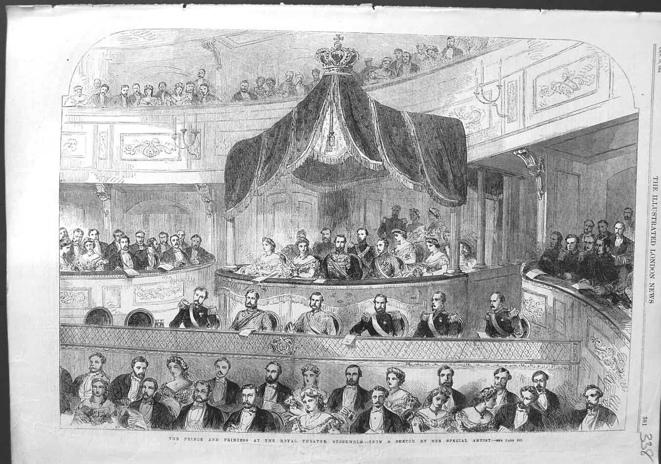 Original Old Antique Print 1864 Prince Wales Royal Theatre Stockholm Sweden