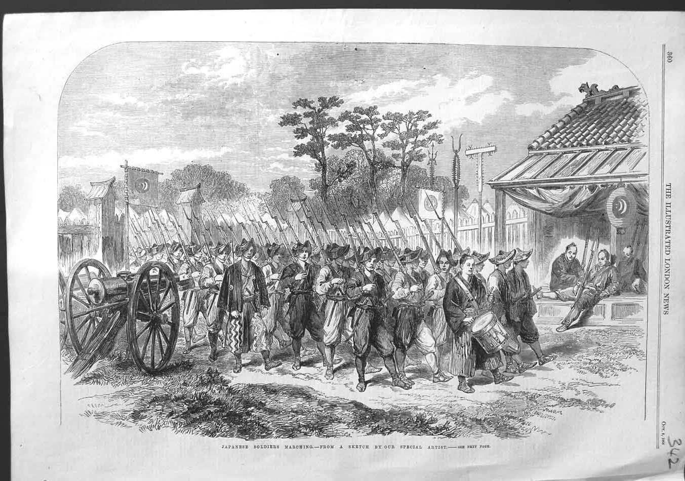 Original Old Antique Print 1864 Japanese War Siers Marching Music Drum 19th