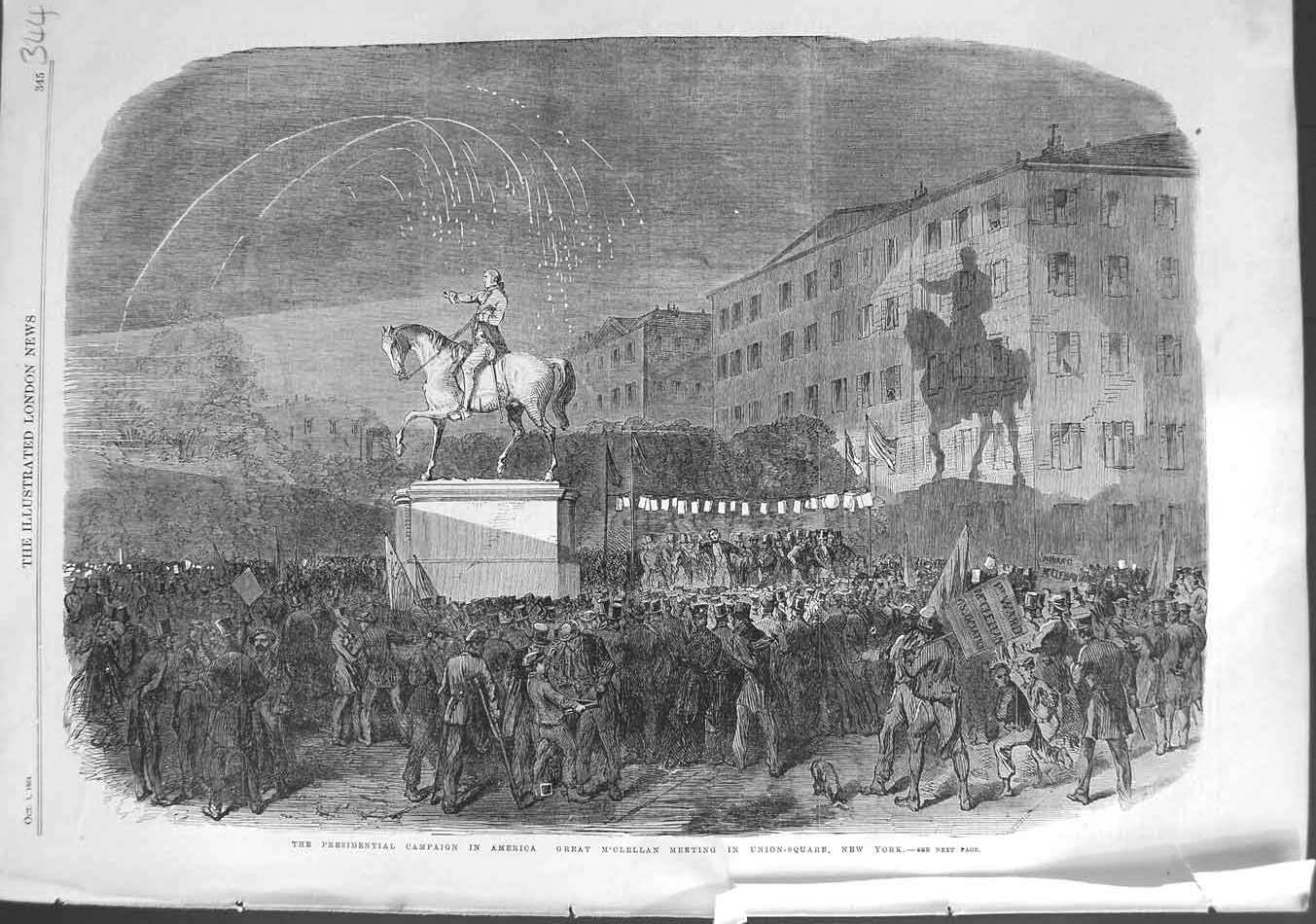 Old Antique Print 1864 America President M'Clellan Union Square New York 19th