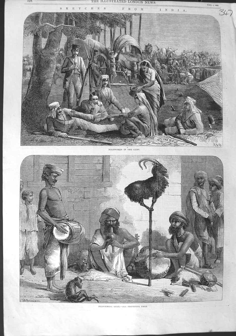 Original Old Antique Print 1864 India Milkwomen Camp Performing Goat Monkey