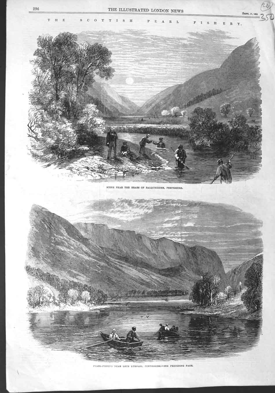 Original Old Antique Print 1864 Scotland Pearl Fishing Balquhidder Loch Lubnaig