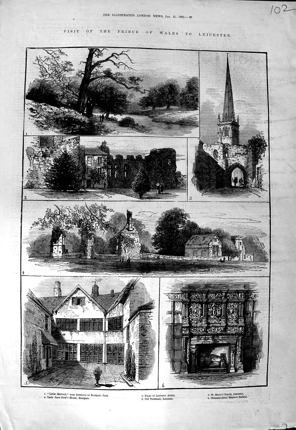 Original Old Antique Print 1882 Prince Wales Leicester Matlock Bradgate Abbey