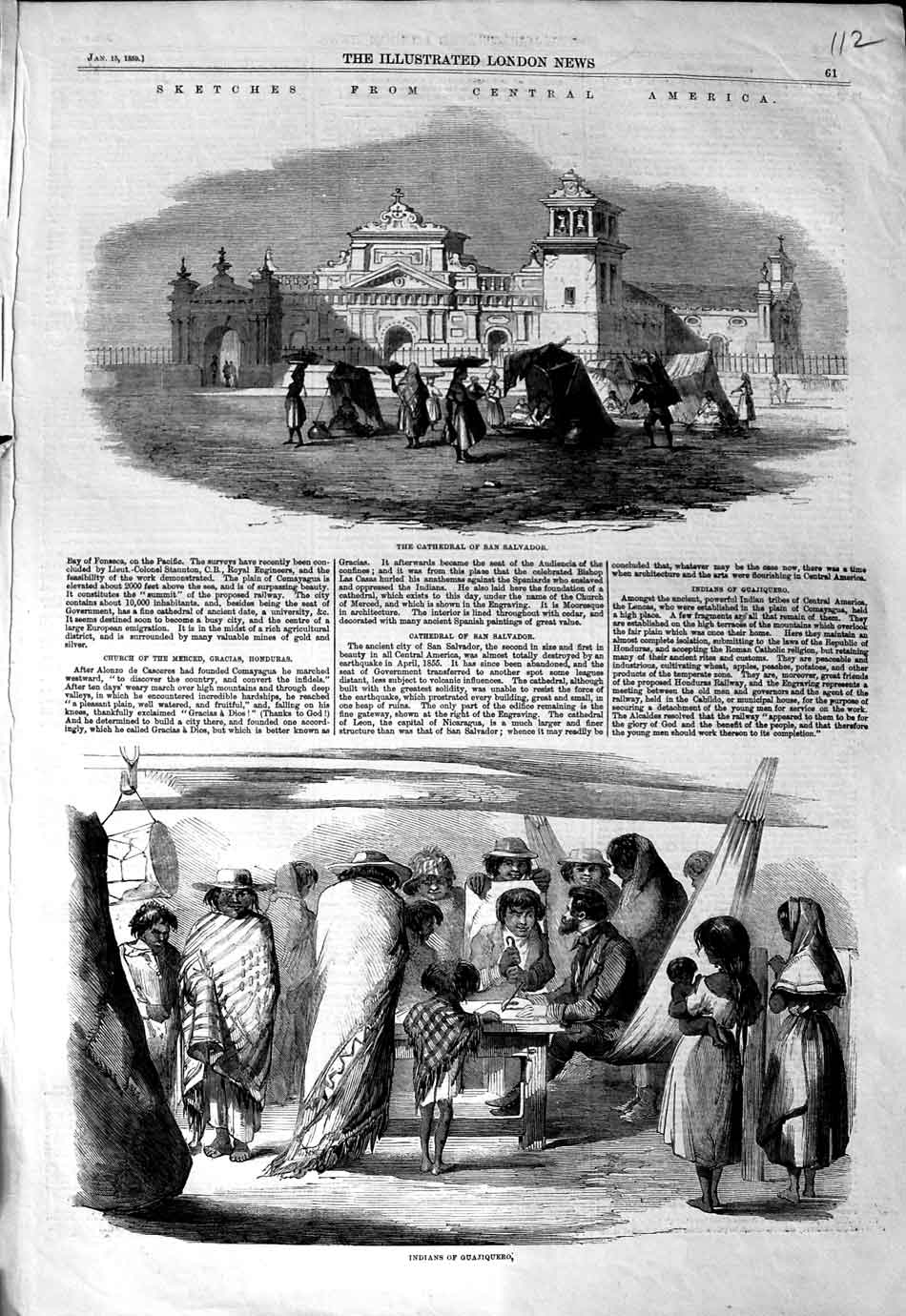 Old Antique Print 1859 America Cathedral San Salvador Indians Guajiquero 19th