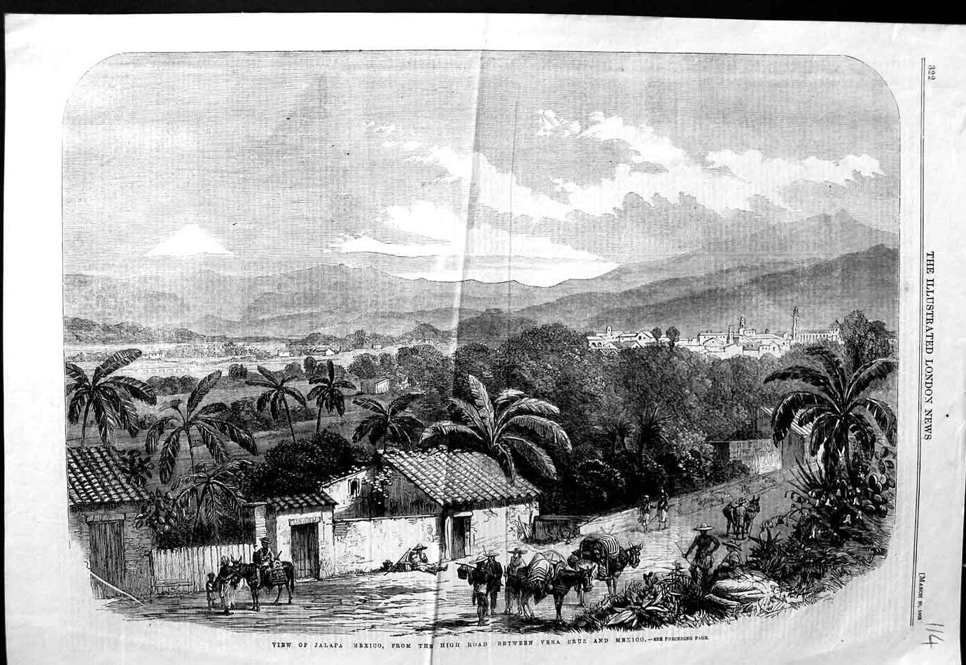 Original Old Antique Print 1862 Jalapa Mexico Road Between Vera Cruz Mountains