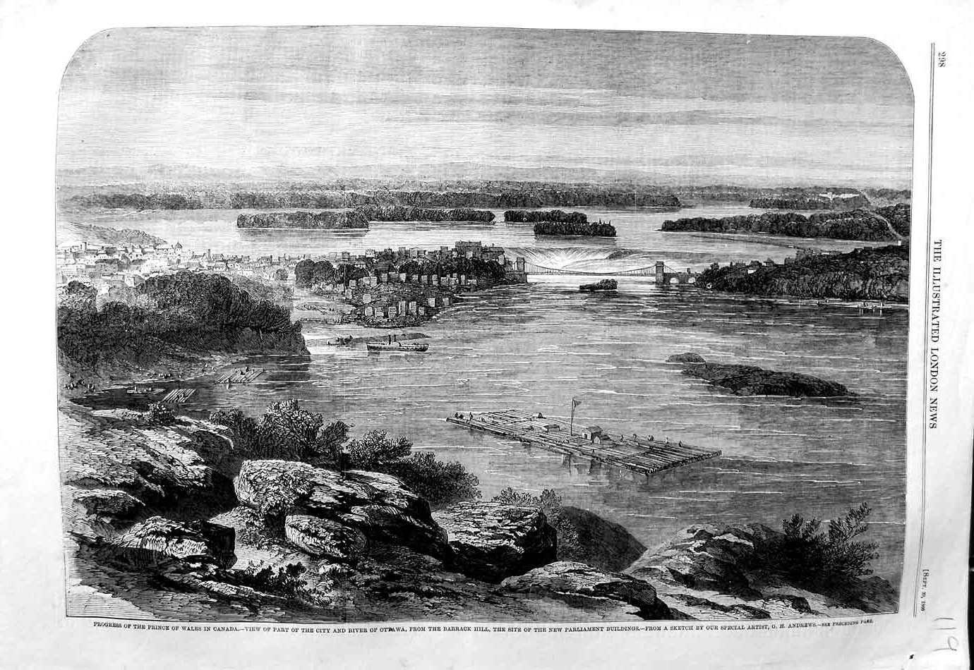 Antique Print *3151 1860 Prince Wales Canada City River Ottawa Barrack Hill