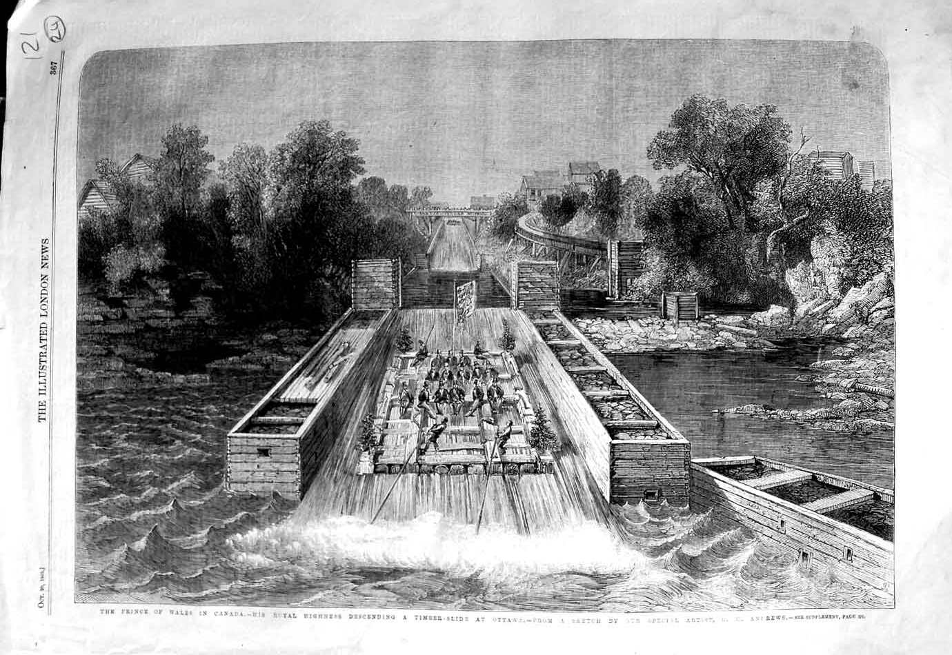 Antique Old Print *3525 1860 Prince Wales Canada Timber-Slide Ottawa River