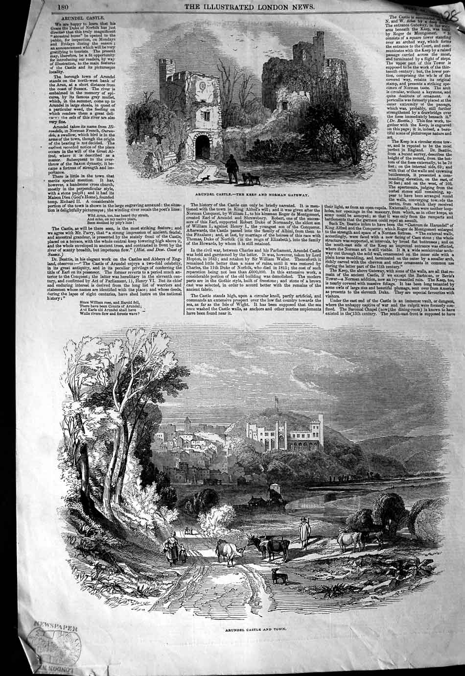 Original Old Antique Print 1845 Arundel Castle Keep Norman Gateway Architecture