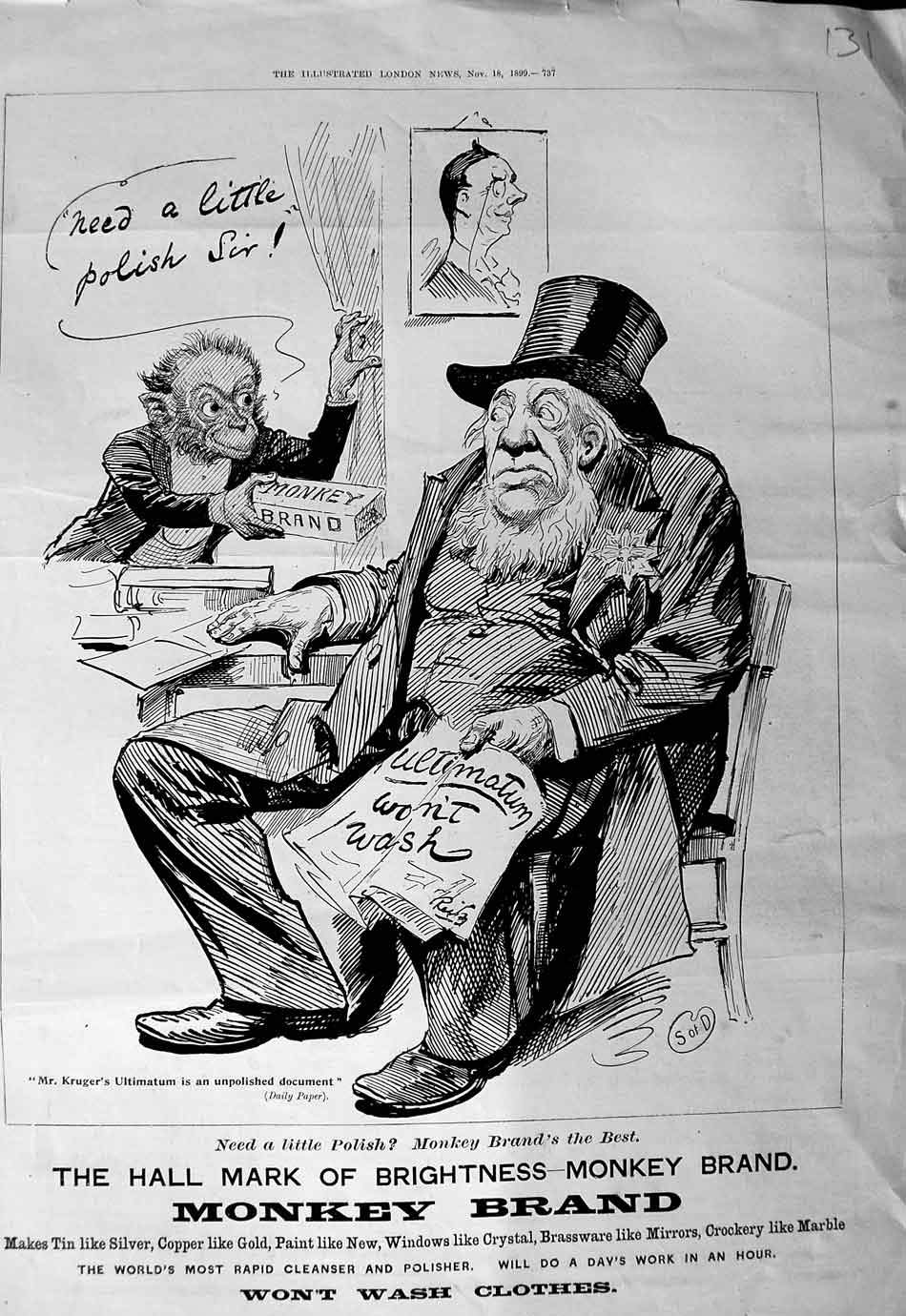 Original Old Antique Print 1899 Advertisement Monkey Brand Soap Washing 19th