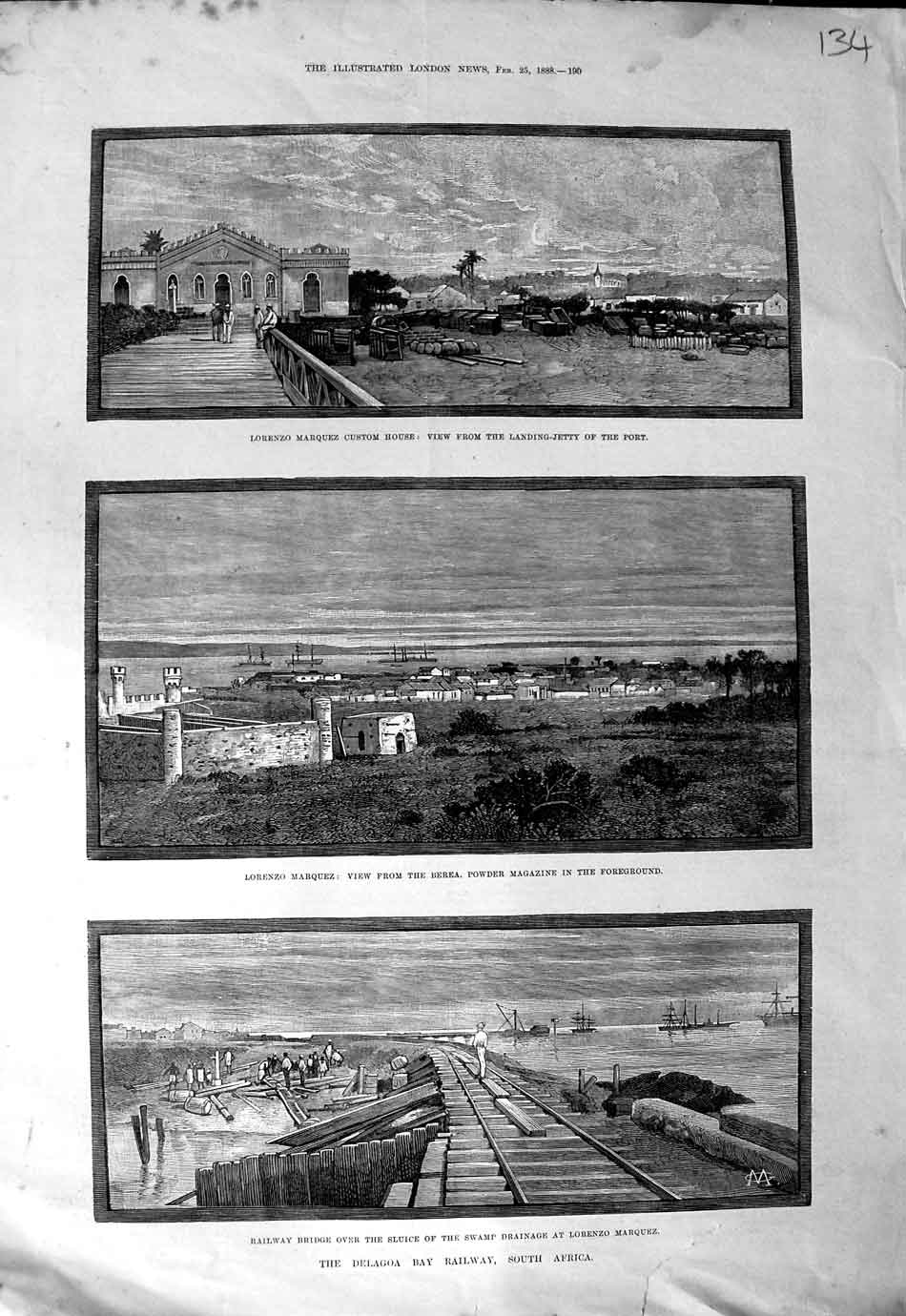 Old Antique Print 1888 Lorenzo Marquez Custom House Delagoa Bay Railway 19th