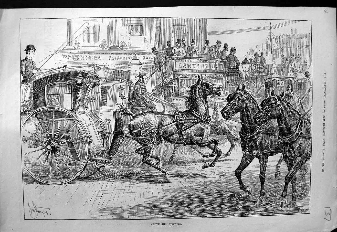 Original Old Antique Print 1888 Stree Scene Horses Coaches Warehouse Canterbury