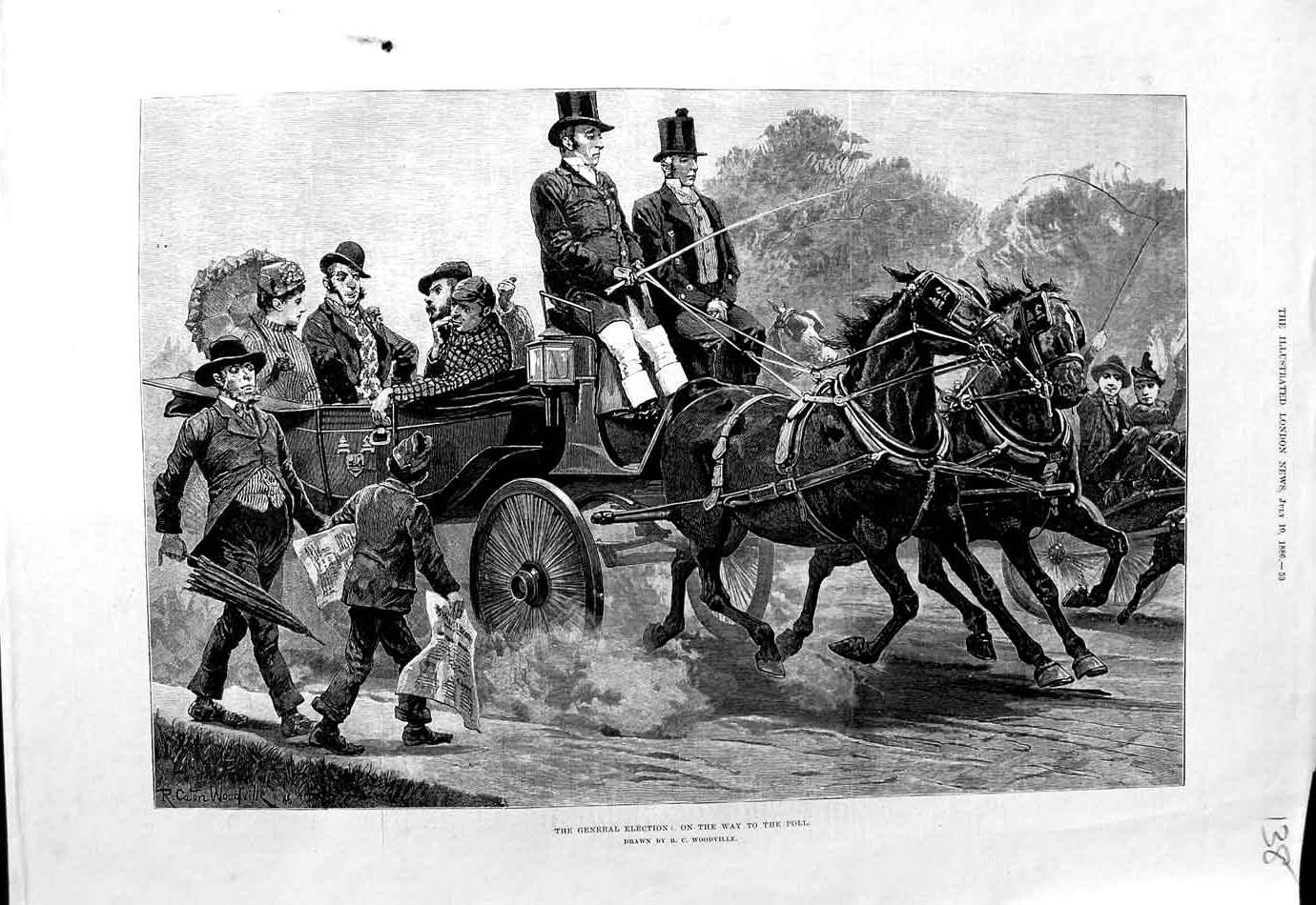 Old Antique Print 1886 General Election Horses Carriage Travelling Poll 19th