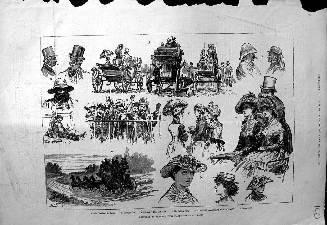 Original Old Antique Print 1881 Sandown Park Races Ladies Hats Fashion 19th