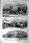 Original Old Antique Print 1857 Epsom Horse Racing Sport Four-In-Hand Paddock