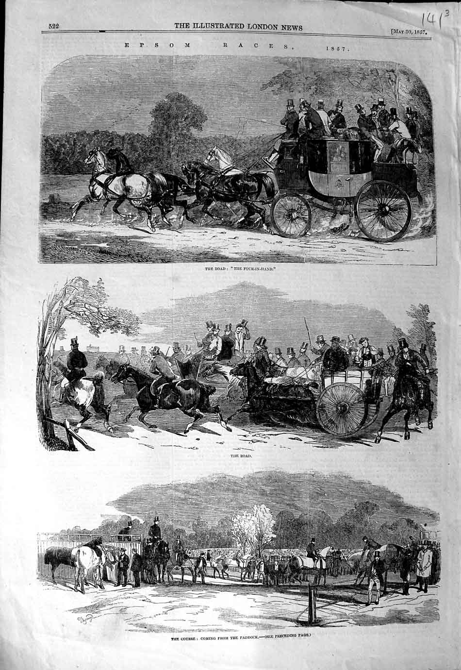 Original Old Antique Print 1857 Epsom Horse Racing Sport Four-In-Hand Paddock