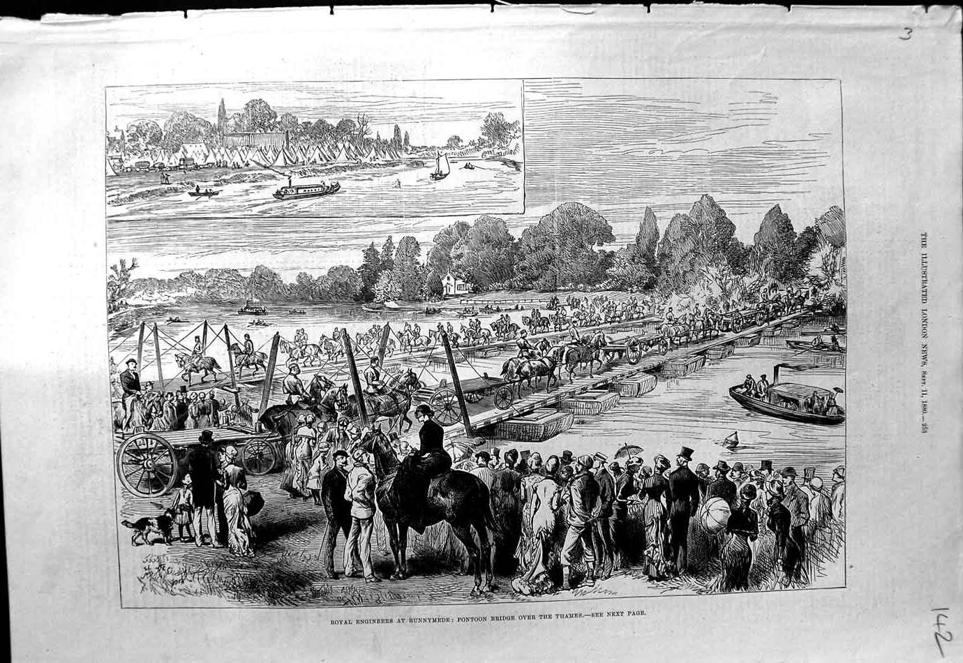 Antique Old Print *3150 1880 Royal Engineers Runnymede Pontoon Bridge Thames