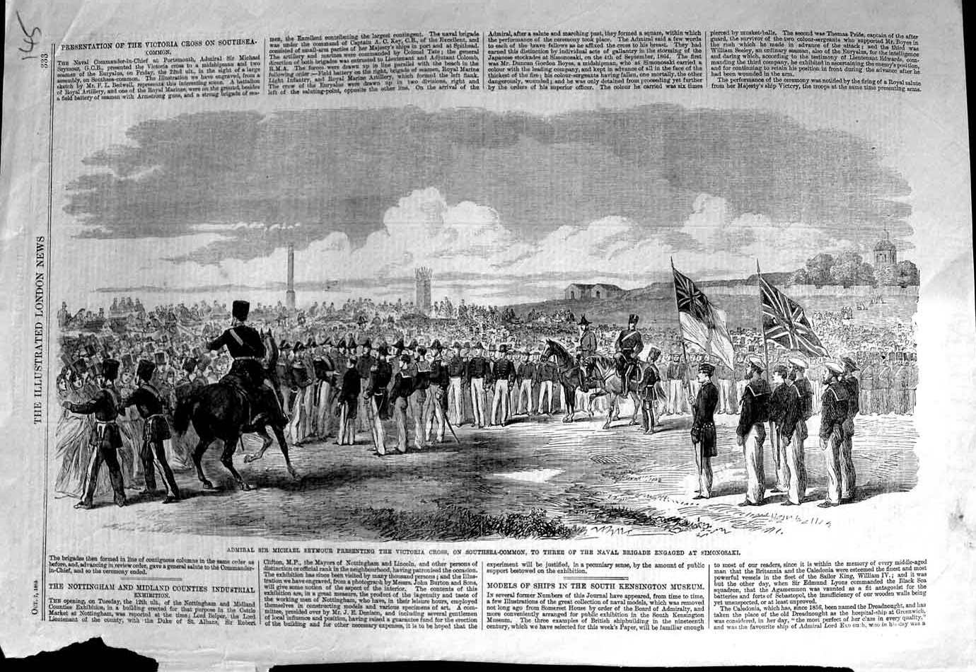 Original Old Antique Print 1865 Sir Michael Seymour Victoria Cross Simonosaki