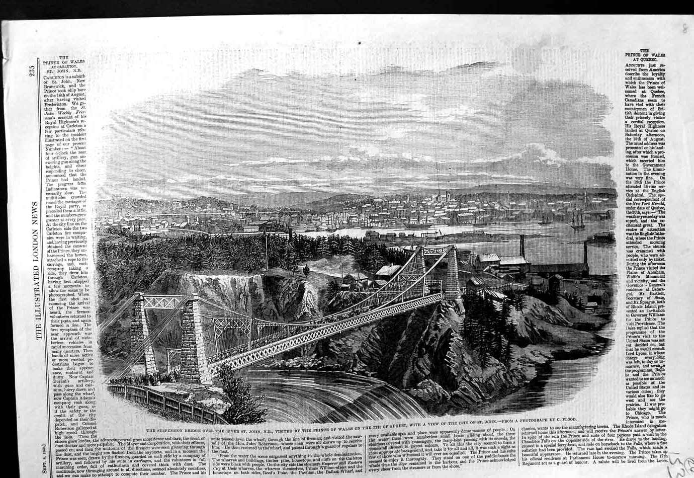 Antique Old Print Ref.502 1860 Suspension Bridge River St. John Quebec Canada