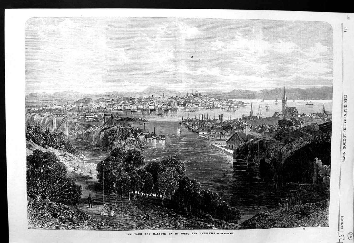 Old Antique Print Ref.501 1866 Town Harbour St. John New Brunswick Canada