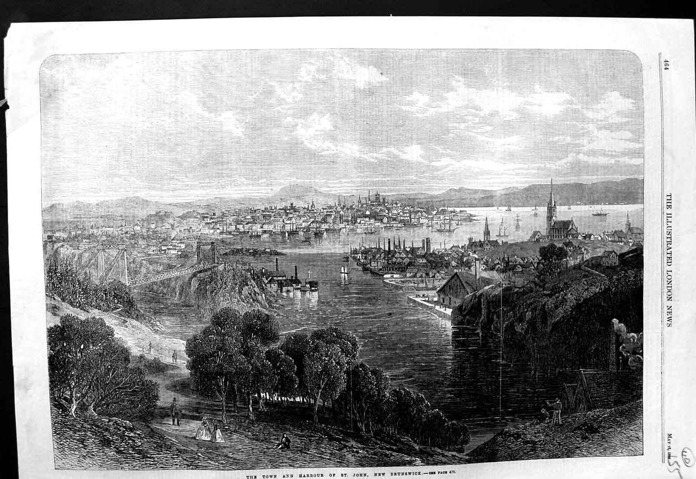 Original Old Antique Print 1866 Town Harbour St. John New Brunswick Canada 19th