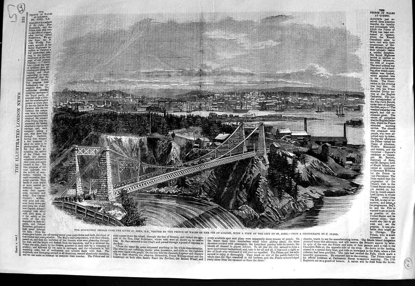 Original Old Antique Print 1860 Suspension Bridge River St. John Quebec Canada