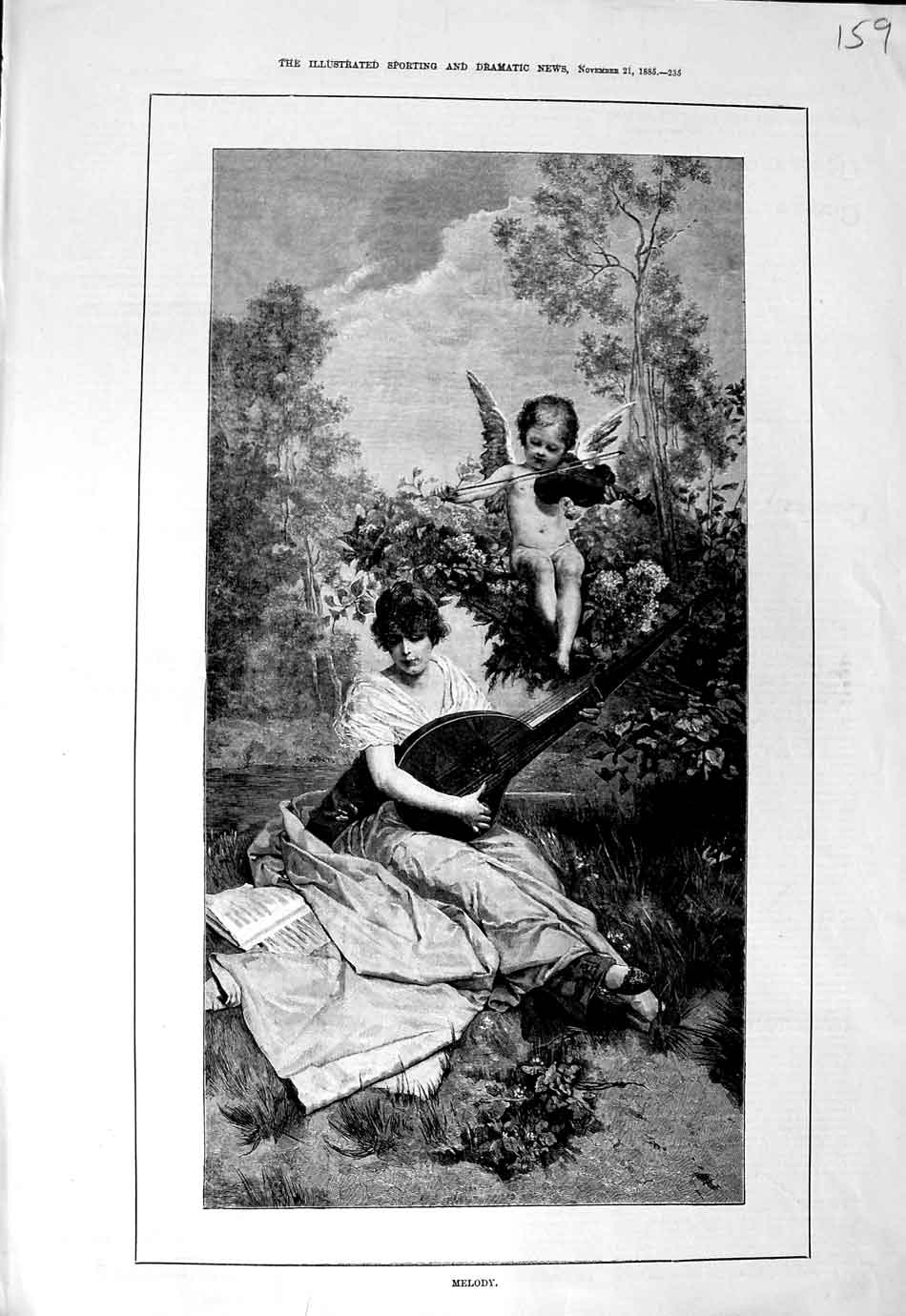 Original Old Antique Print 1885 Fine Art Melody Angel Woman Musical Music 19th