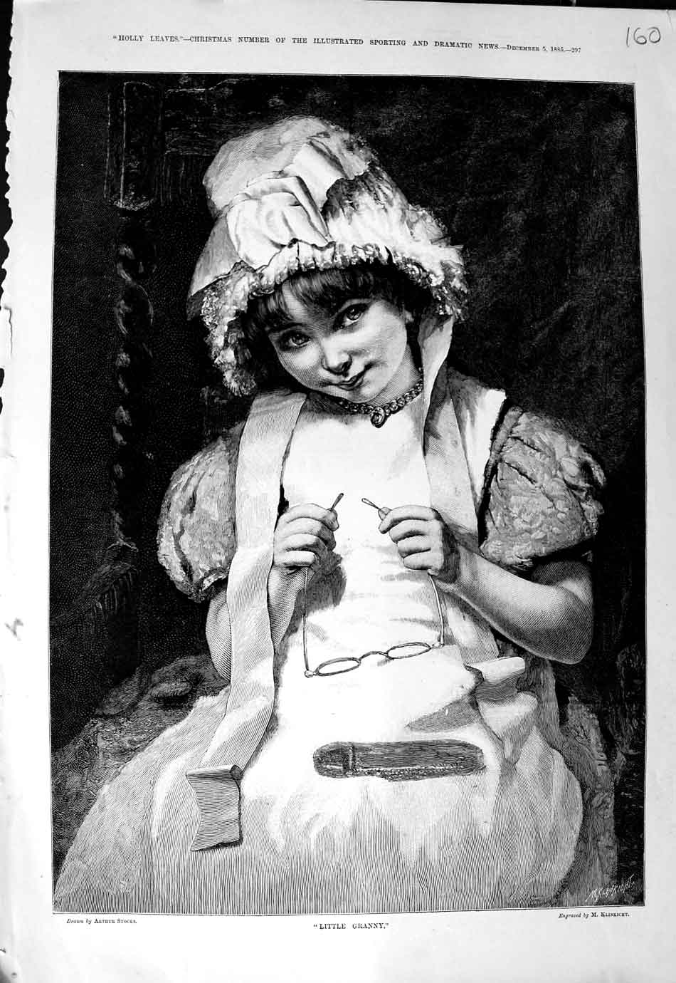 Original Old Antique Print 1885 Fine Art Portrait Little Girl Glasses Victorian