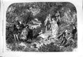 Original Old Antique Print 1868 Fine Art Ladies Men Nutting Trees Nut Picking