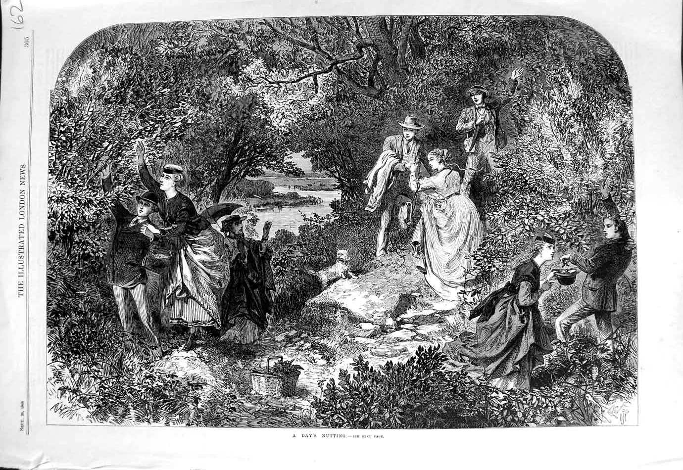 Original Old Antique Print 1868 Fine Art Ladies Men Nutting Trees Nut Picking