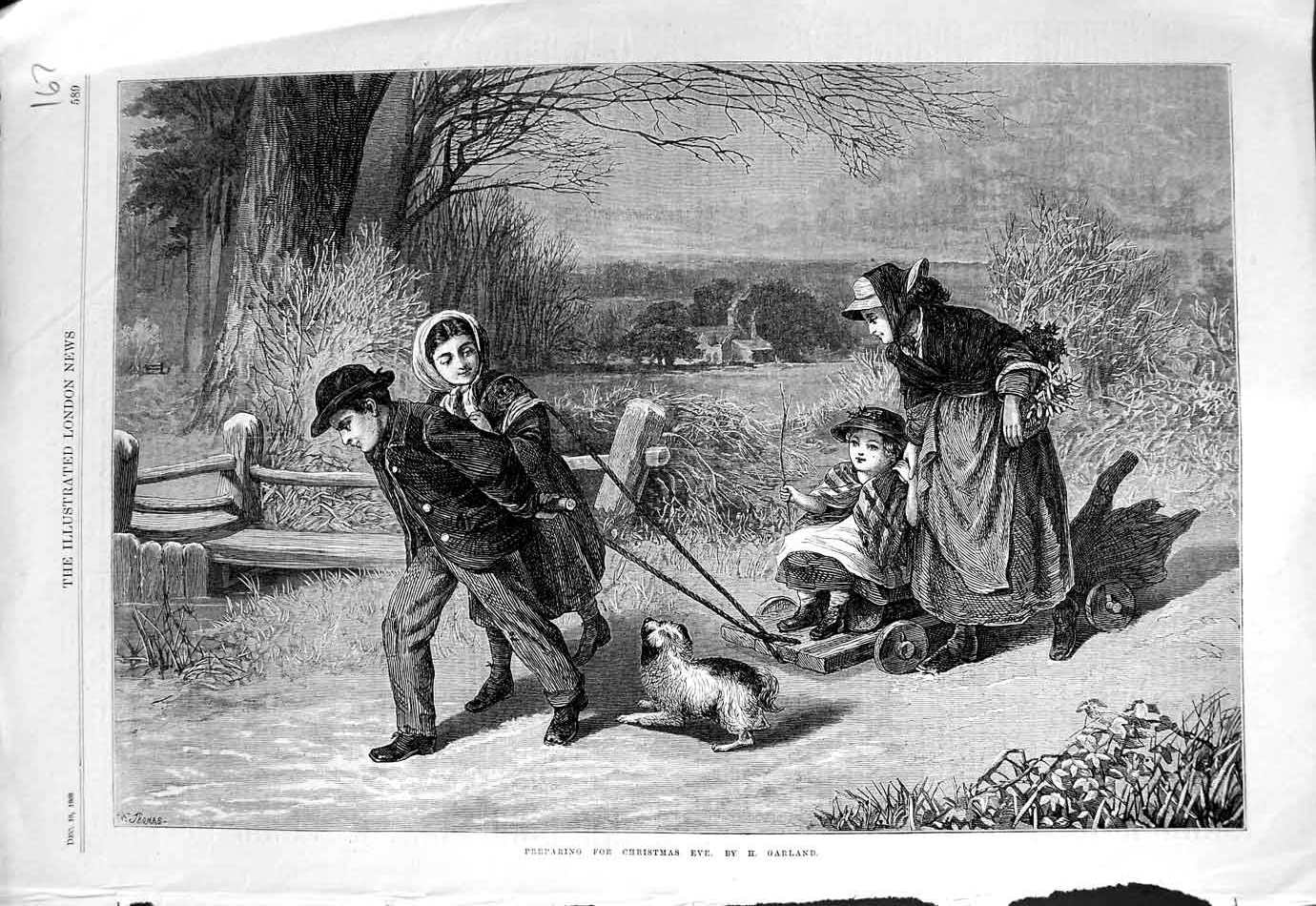 Original Old Antique Print 1868 Preparing Christmas Family Sledge Dog Fine Art