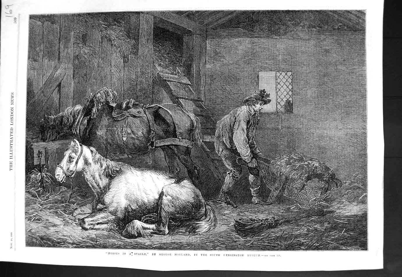 Original Old Antique Print 1869 Horses Stable Farmer George Morland Fine Art
