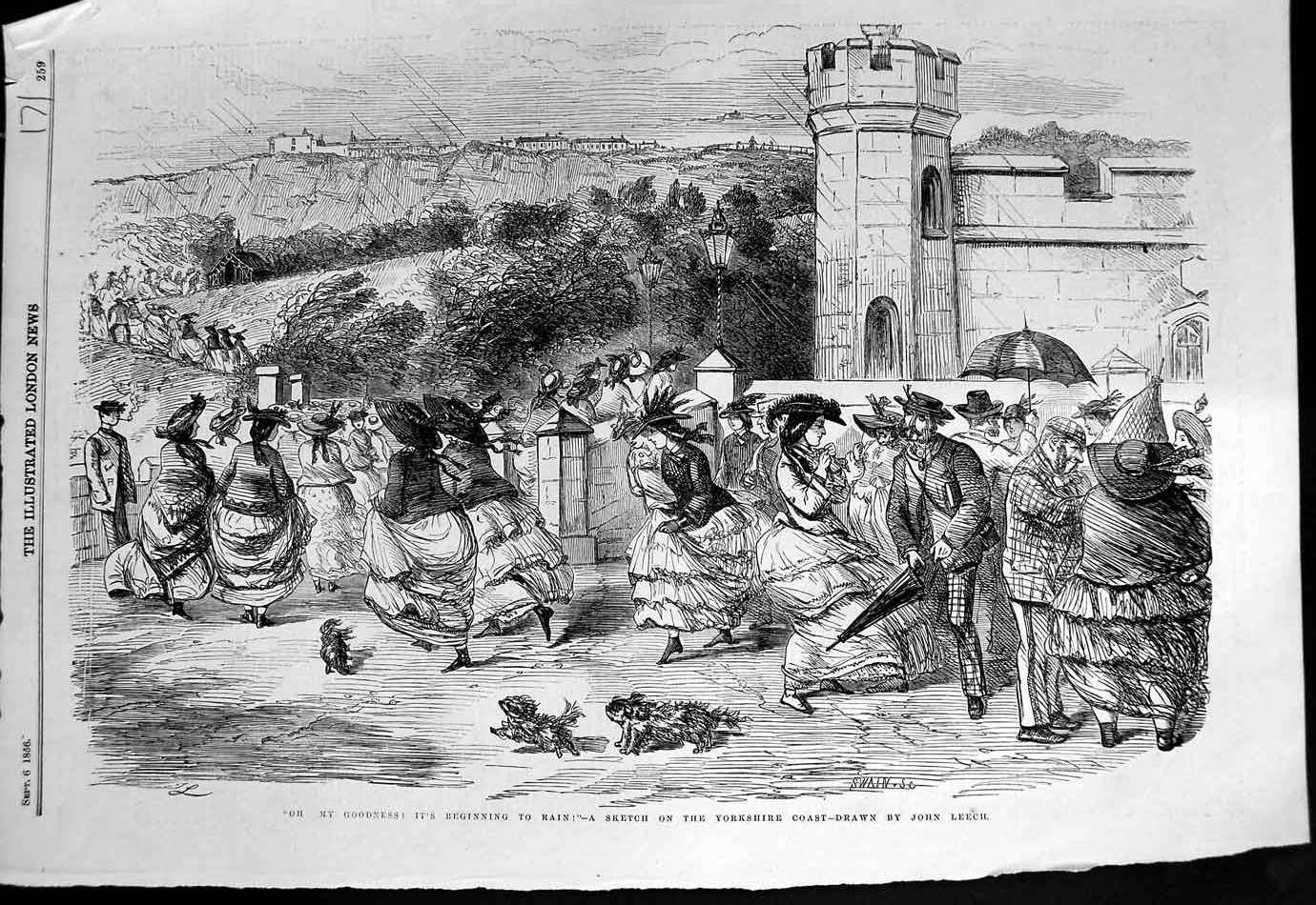 Original Old Antique Print 1856 Yorkshire Coast Ladies Bonnets England Weather