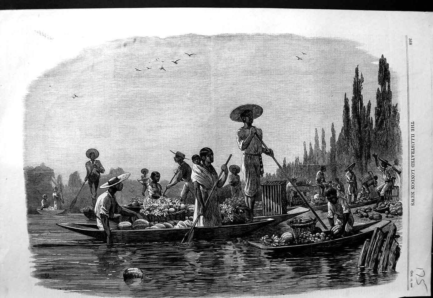 Original Old Antique Print 1866 Mexican Indians Taking Fruit Market River Boats