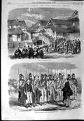 Original Old Antique Print 1864 Japan View Osaca Jeddo Siers Drill Weapons 19th