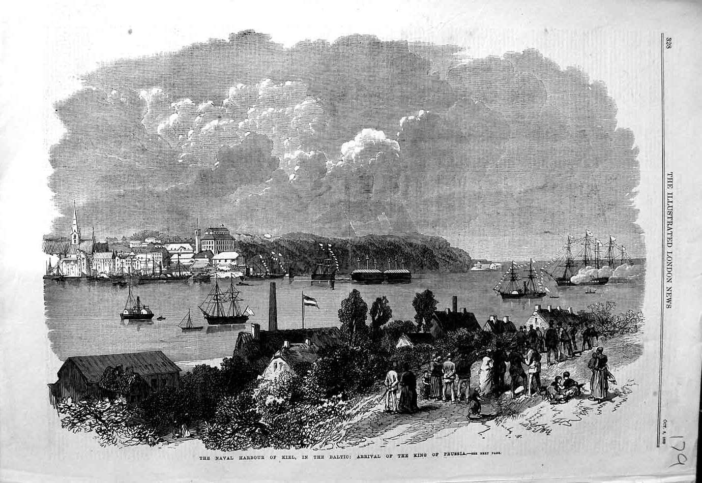 Original Old Antique Print 1868 Naval Harbour Kiel Baltic King Prussia Ships