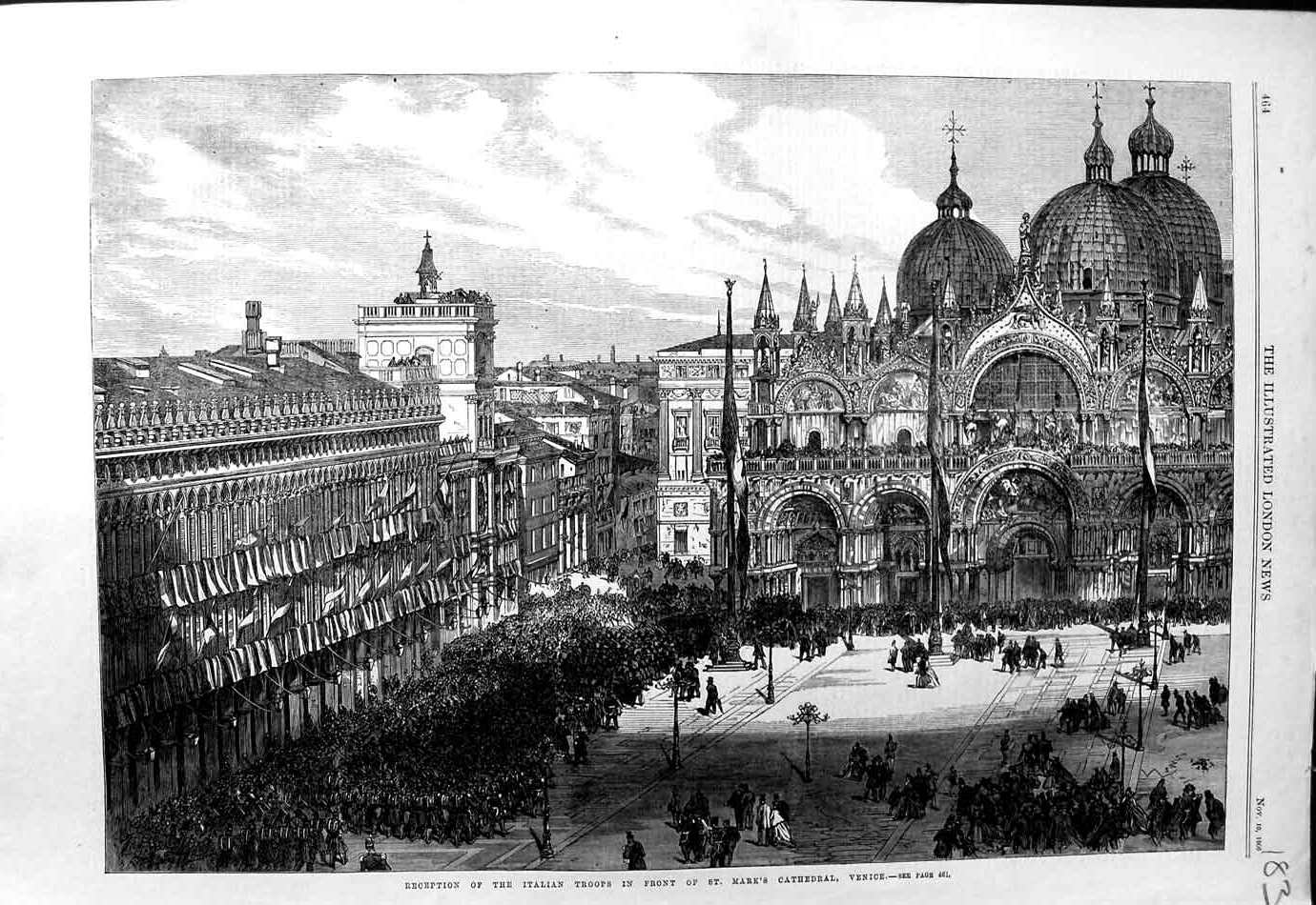 Old Antique Print 1866 Reception Italian Troops Mark'S Cathedral Venice 19th