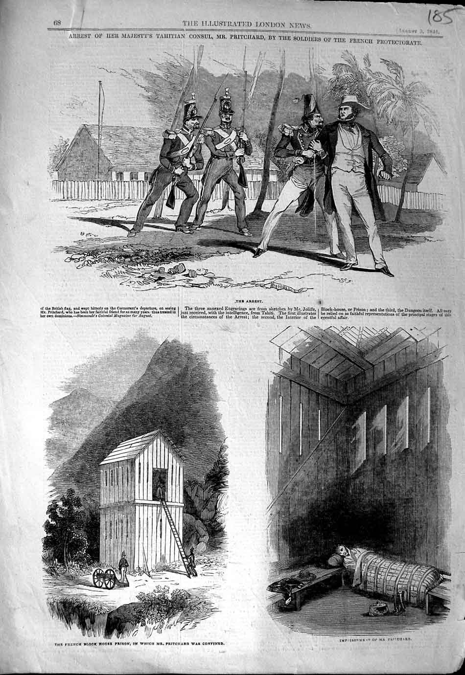 Original Old Antique Print 1844 Tahitian Consul Pritchard Siers Block Prison