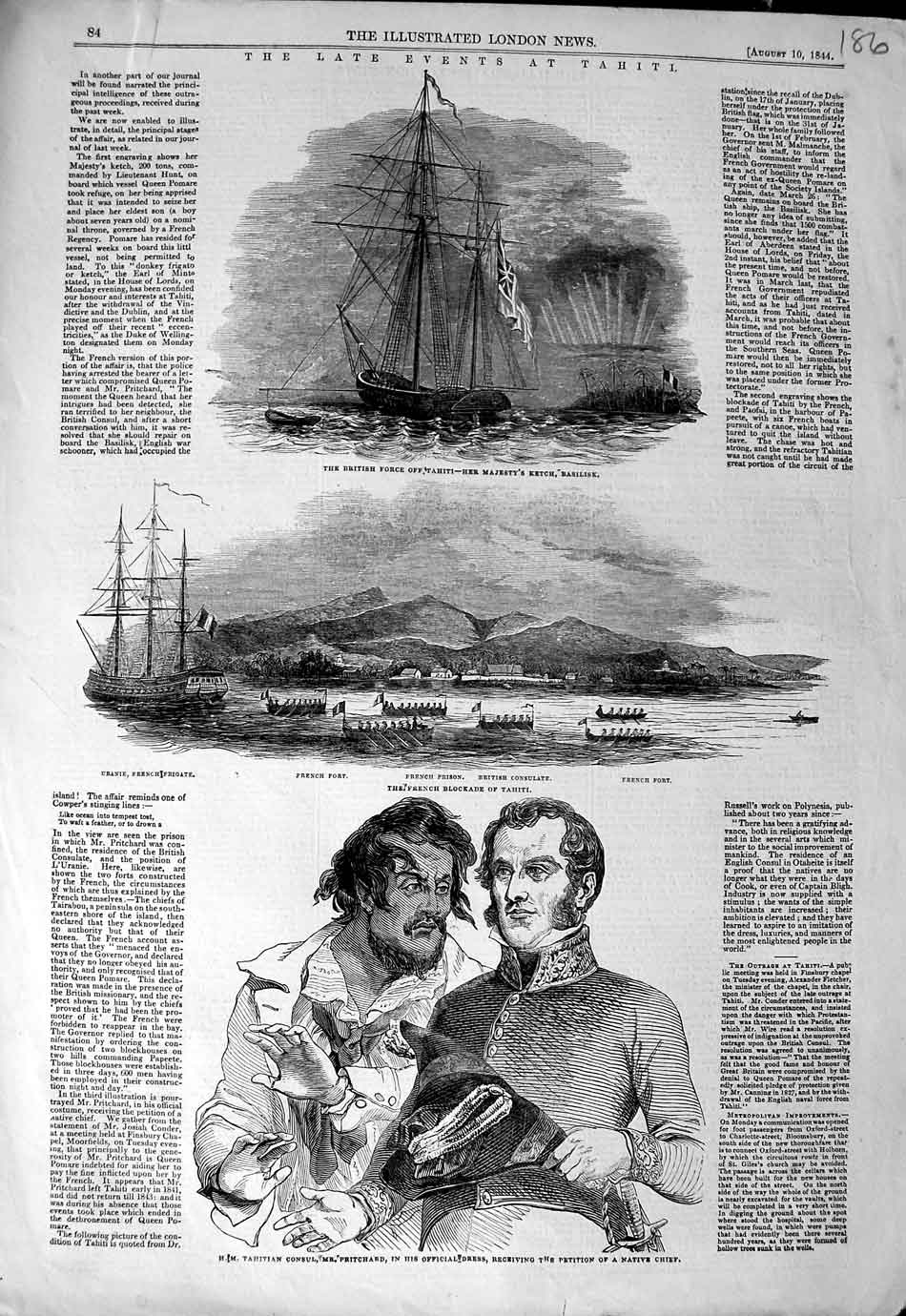 Old Antique Print 1844 Tahiti Ships French Fort Prison Tahitian Pritchard 19th