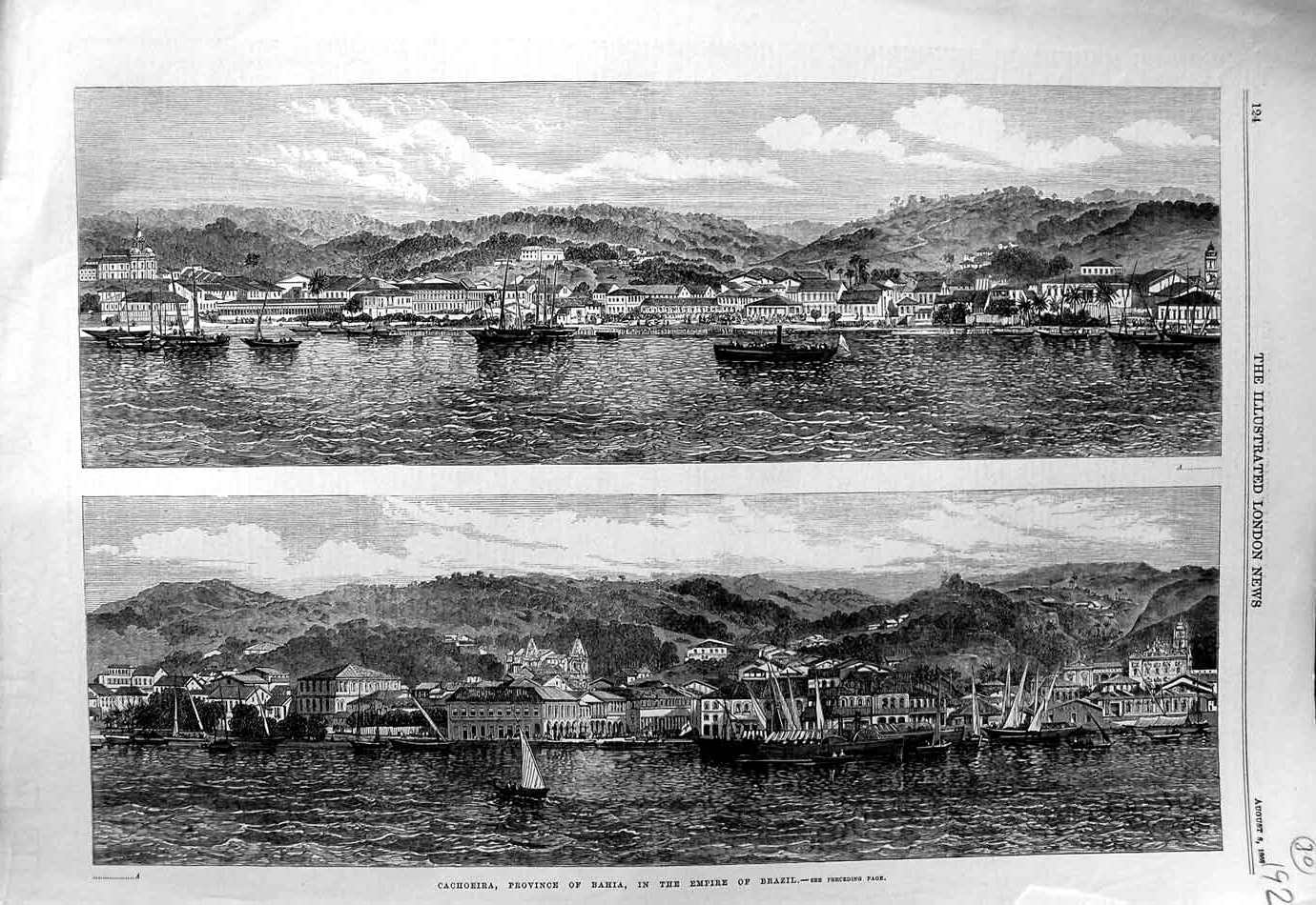 Original Old Antique Print 1868 Cachoeira Province Empire Brazil Ships Fine Art